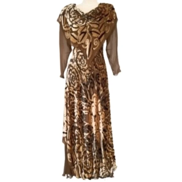 Marian Clayden Neiman Marcus Dress Cut Silk & Velvet Burnout Maxi Tan Size M - Picture 14 of 17